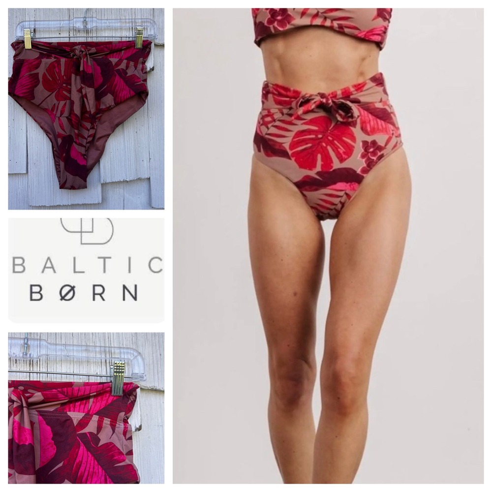 Baltic Born‎ Milos High Waist Tie Bikini Bottom Red Monstera Print Large NWT
